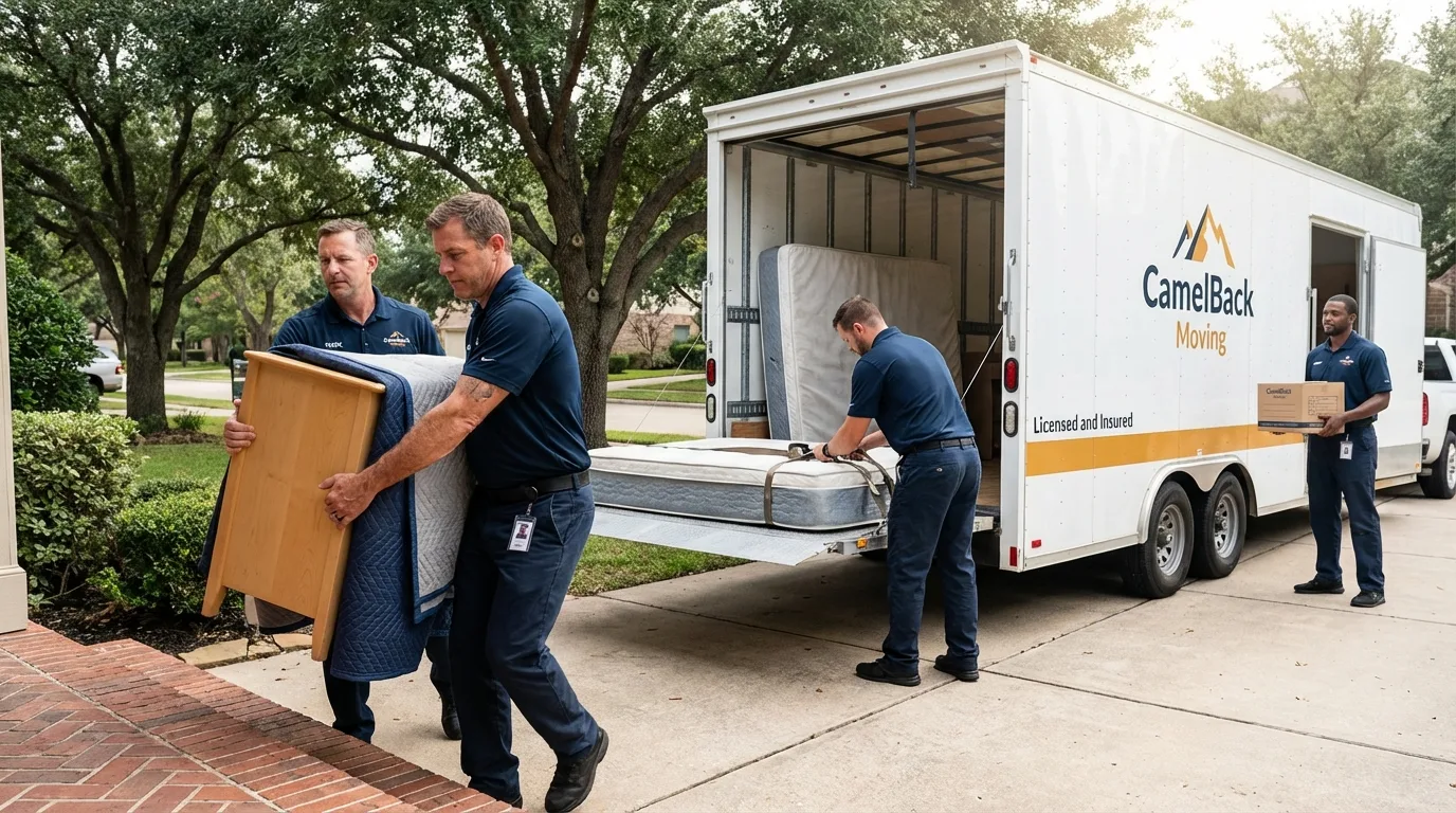 Crew loading residential truck for cross-state move from Herald, CA