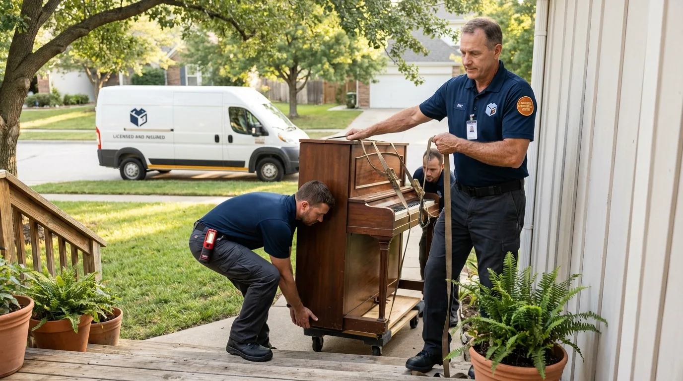 Licensed piano movers securing grand piano in Herald, CA