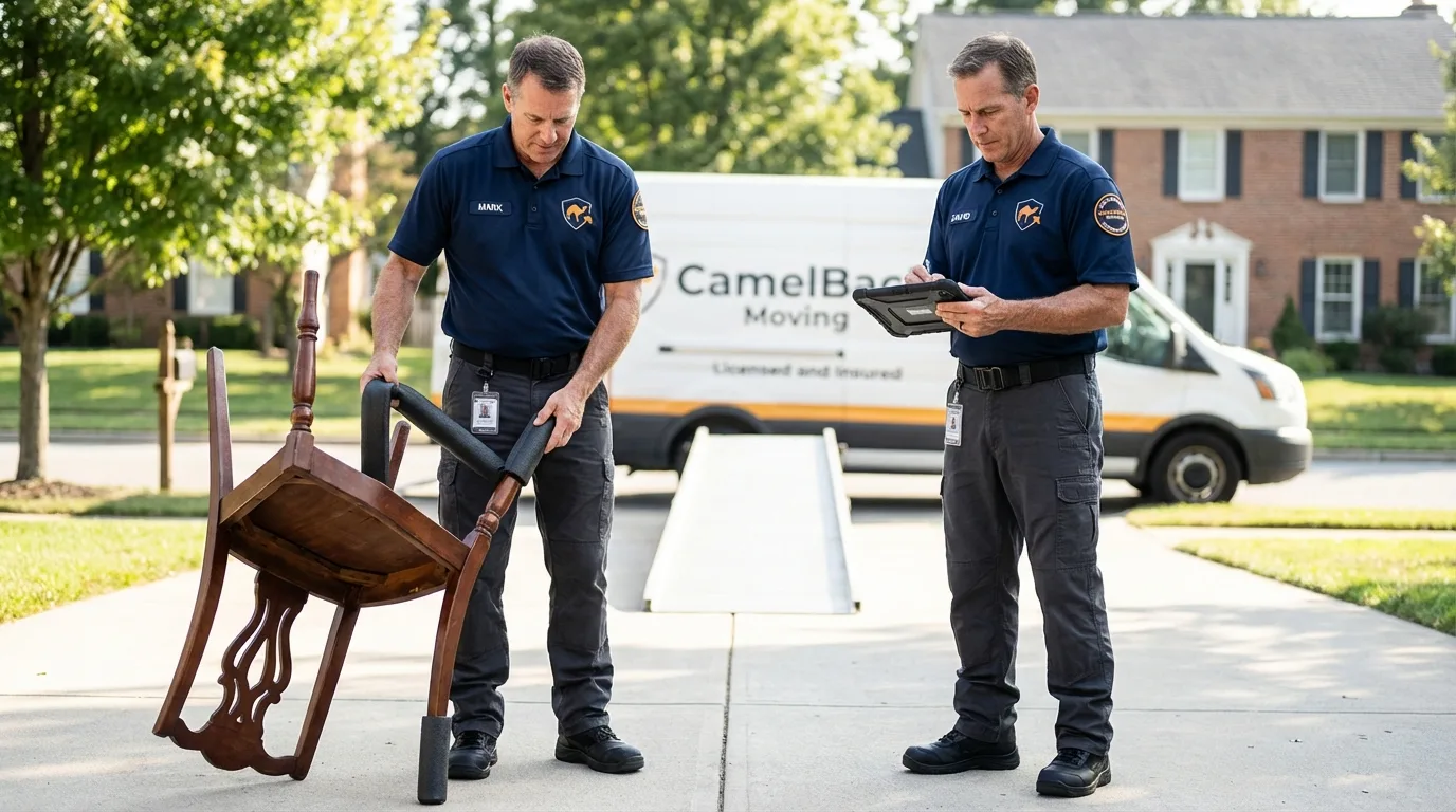 Movers inspecting furniture for damage prevention before loading in Herald, CA