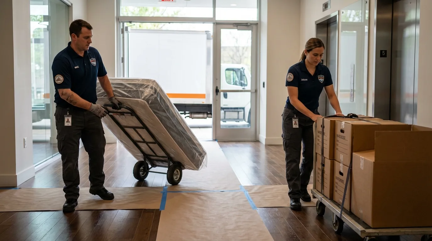 Professional apartment movers loading elevator in Herald, CA